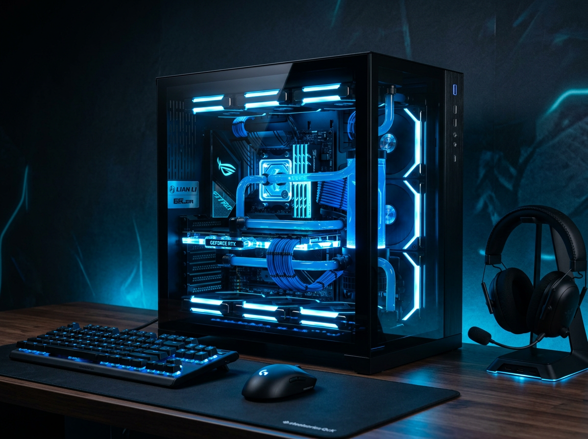 Estación gamer profesional con PC RTX 4080 e iluminación RGB