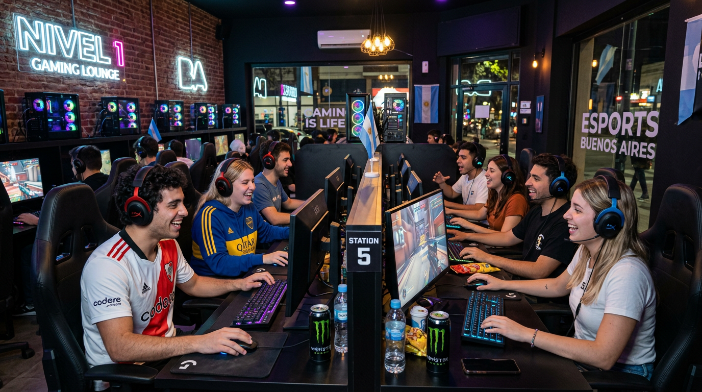 Gamers jugando en las estaciones PC de NexoGaming Buenos Aires