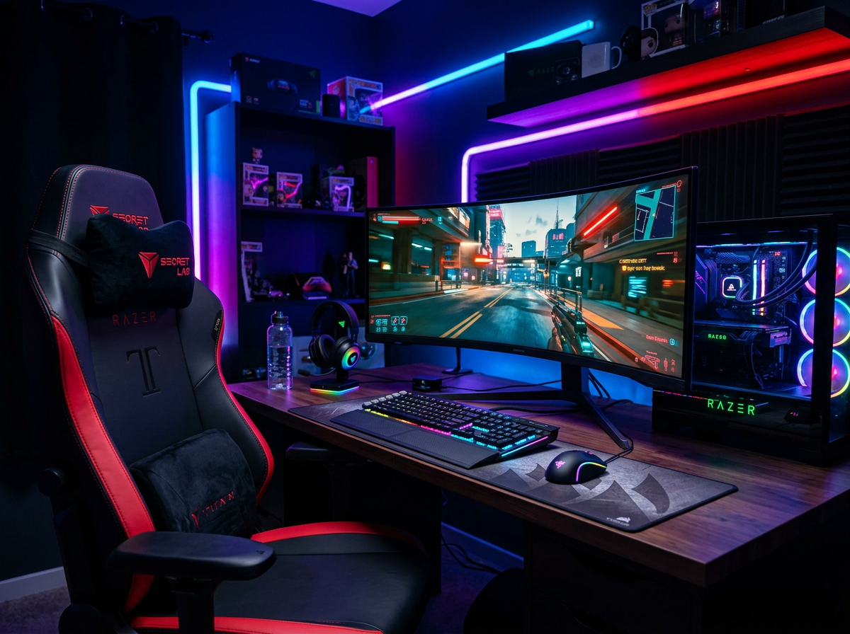 Estación de juego PC estándar con monitor curvo y silla gamer