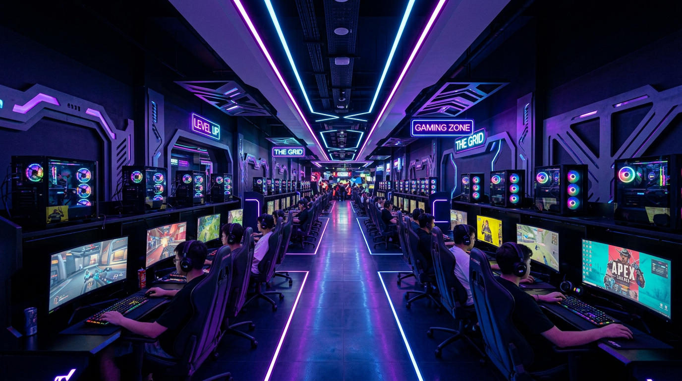 Pasillo de la sala de juegos PC con LED strips y estaciones gamer