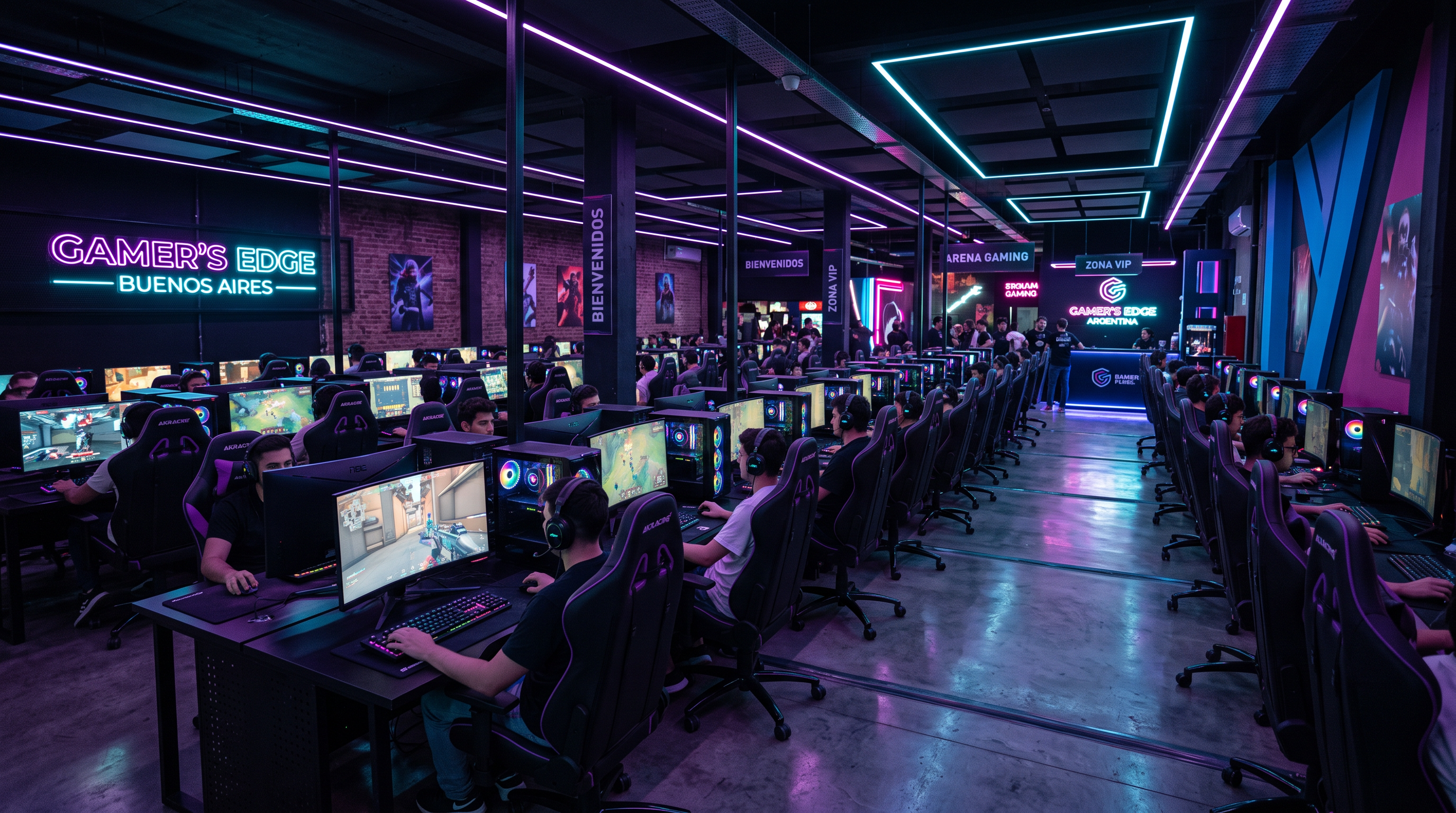 Vista panorámica de la sala de juegos PC NexoGaming con iluminación RGB
