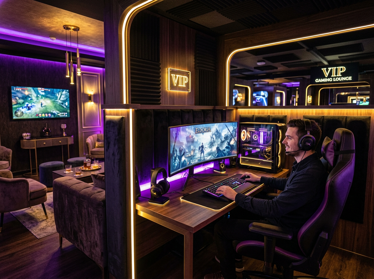 Sala VIP privada con dos monitores ultrawide para juego premium